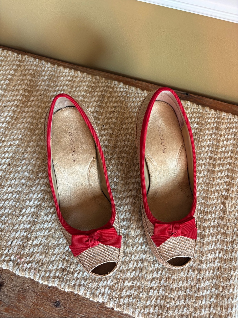 Aerosoles Beige and Red Peep-Toe High Heels with Bow Accents - Picture 2 of 5